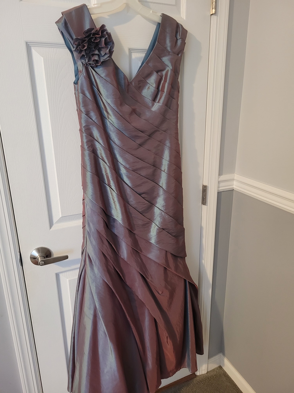 David's Bridal Iridescent Mauve V-Neck Pleated Gown with Flower Accent
